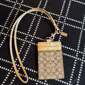 Coach Signature Brown and Tan ID Card Holder Lanyard